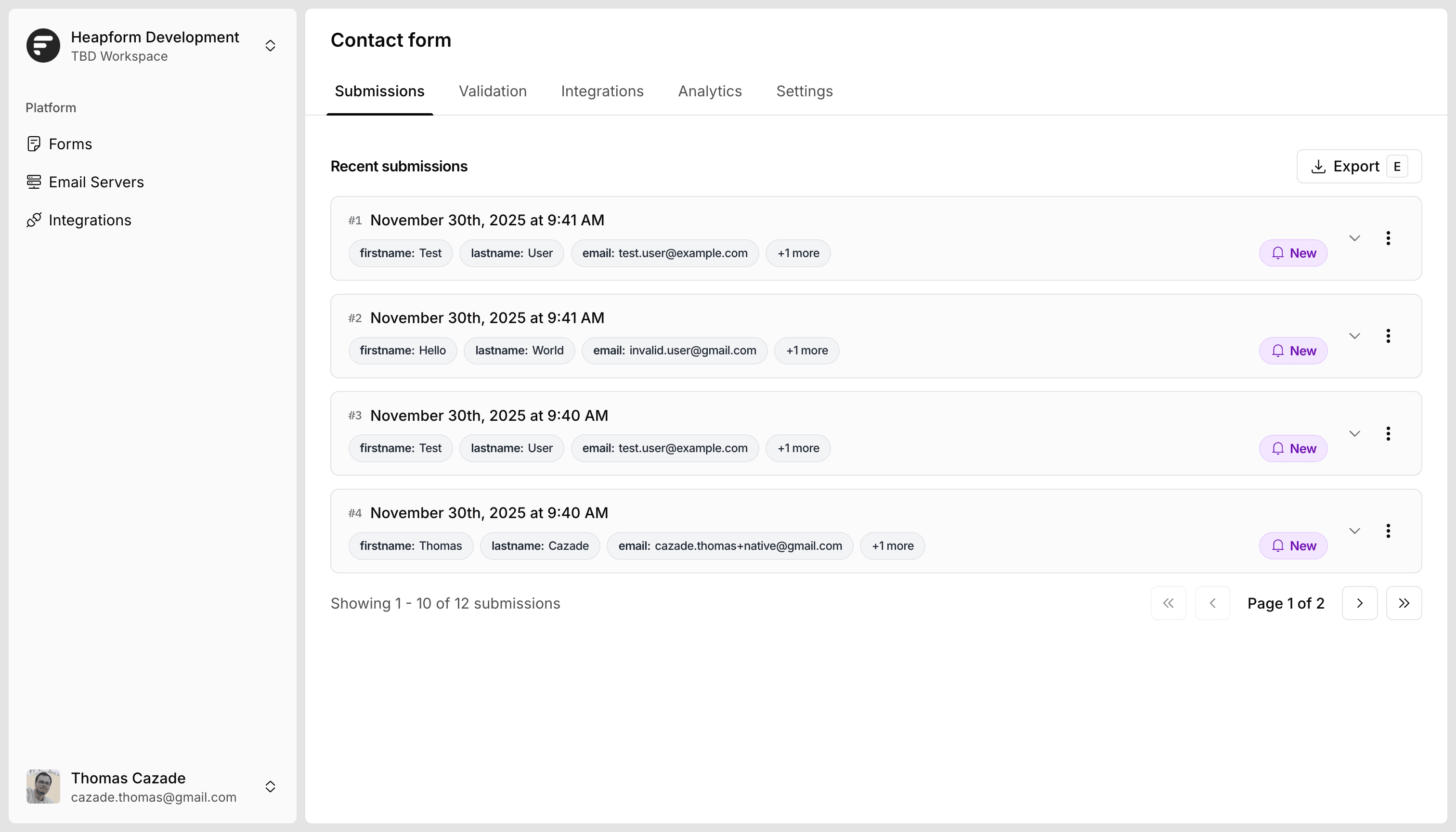 Heapform submissions dashboard shows the most recent submissions received for a form.